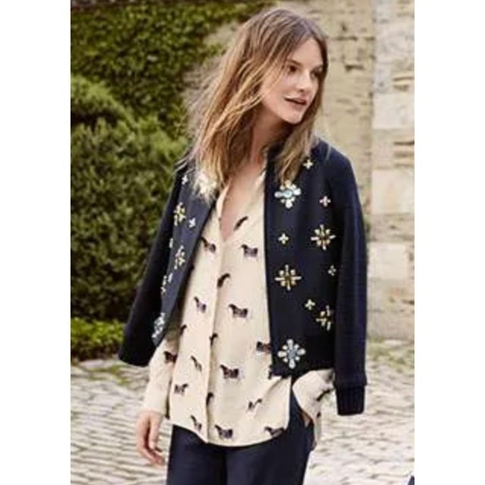 TORY BURCH Bomber Jacket Women M Navy Blue Jeweled Crystal Embellished Wool Knit